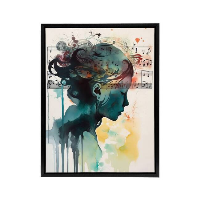 "Artery8 Woman Watercolour Portrait With Music Notes Framed Canvas Wall Art Print - Size: W12"" x H16""" - image 1