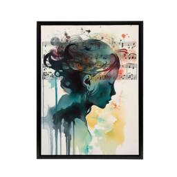 "Artery8 Woman Watercolour Portrait With Music Notes Framed Canvas Wall Art Print - Size: W12"" x H16""" - thumbnail 1