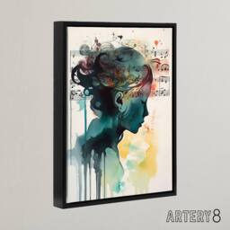 "Artery8 Woman Watercolour Portrait With Music Notes Framed Canvas Wall Art Print - Size: W12"" x H16""" - thumbnail 2