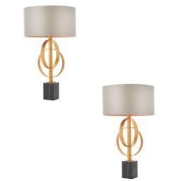 Loops 2 PACK Antique Gold Table Lamp & Mink Satin Shade - Black Marble Base Desk Light