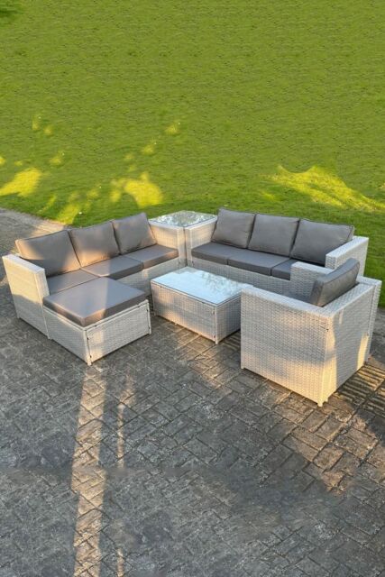 Fimous Light Grey PE Rattan Garden Furniture Set Corner Lounge Sofa Set Oblong Square Coffee - image 1