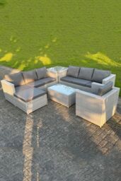 Fimous Light Grey PE Rattan Garden Furniture Set Corner Lounge Sofa Set Oblong Square Coffee - thumbnail 2