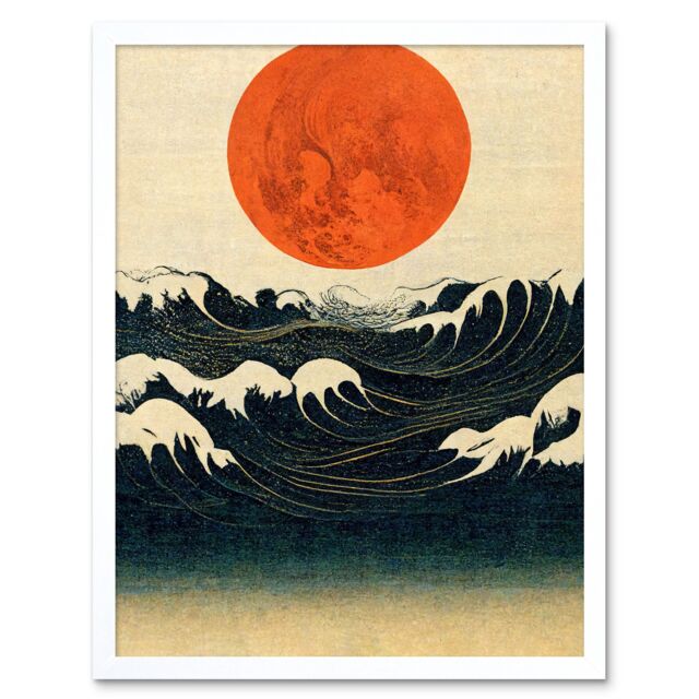 "Artery8 Wall Art Print Minimalist Large Orange Moon Over Ocean Waves Ukiyo-e Style Art Framed in White - Size: W12"" x H16""" - image 1