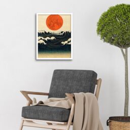 "Artery8 Wall Art Print Minimalist Large Orange Moon Over Ocean Waves Ukiyo-e Style Art Framed in White - Size: W12"" x H16""" - thumbnail 2