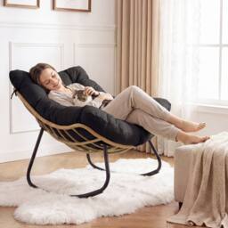 Costway Outdoor Rocking Chair Oversized PE Wicker Patio Egg Chair W/ Cushion in Black - thumbnail 9