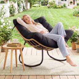 Costway Outdoor Rocking Chair Oversized PE Wicker Patio Egg Chair W/ Cushion in Black - thumbnail 5