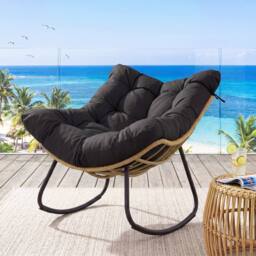 Costway Outdoor Rocking Chair Oversized PE Wicker Patio Egg Chair W/ Cushion in Black