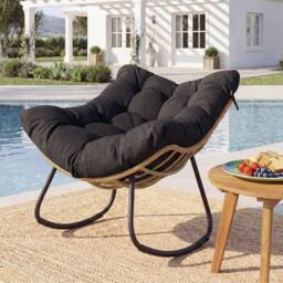 Costway Outdoor Rocking Chair Oversized PE Wicker Patio Egg Chair W/ Cushion in Black - thumbnail 6