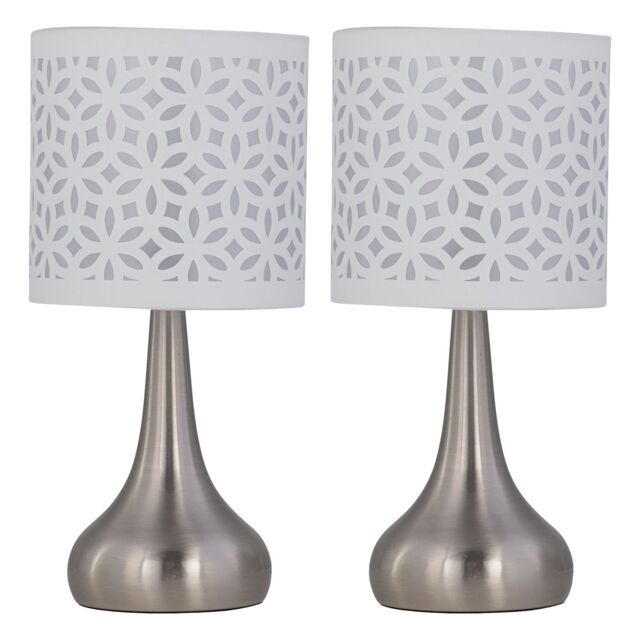 First Choice Lighting Set of 2 Romana - Brushed Chrome Touch Table Lamps White Shades in Silver - image 1