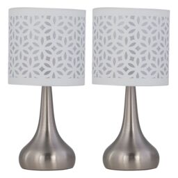 First Choice Lighting Set of 2 Romana - Brushed Chrome Touch Table Lamps White Shades in Silver - thumbnail 1