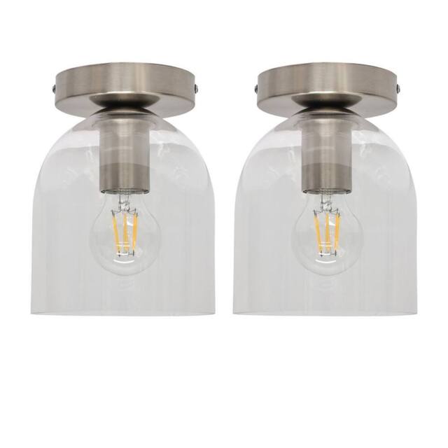 First Choice Lighting Set of 2 Belten - Glass Cloche Satin Nickel Ceiling Light Fittings in Clear