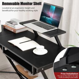 Gymax L-Shaped Corner Desk Pull-Out Workstation With Removable Monitor Shelf in Black - thumbnail 5
