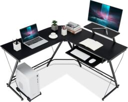 Gymax L-Shaped Corner Desk Pull-Out Workstation With Removable Monitor Shelf in Black