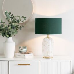 ValueLights India Fabric Drum Shade on Rounded White Confetti Glass Table Lamp in Green