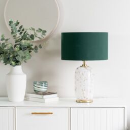 ValueLights India Fabric Drum Shade on Rounded White Confetti Glass Table Lamp in Green - thumbnail 4