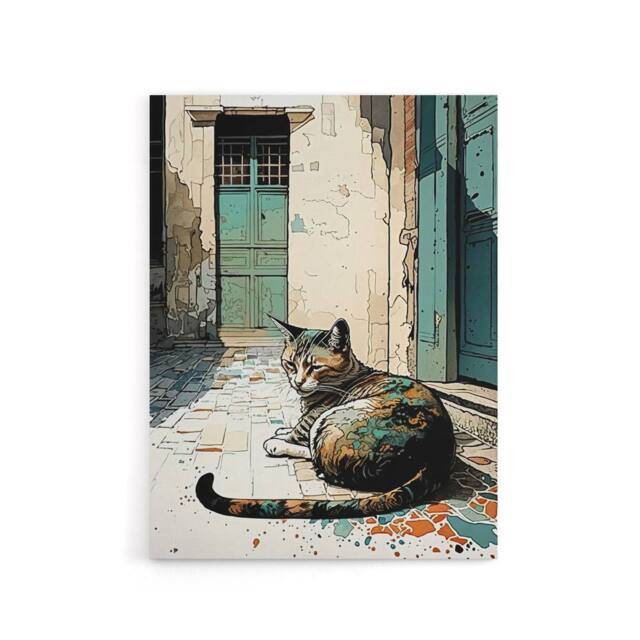 "Artery8 Street Cat Sunbathing On Cobblestone Canvas Wall Art Print - Size: W18"" x H24""" - image 1