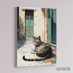 "Artery8 Street Cat Sunbathing On Cobblestone Canvas Wall Art Print - Size: W18"" x H24""" - thumbnail 2