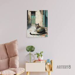 "Artery8 Street Cat Sunbathing On Cobblestone Canvas Wall Art Print - Size: W18"" x H24""" - thumbnail 3