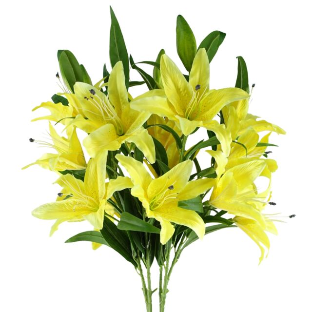 Pegdev Pack of 6 Yellow Lily Stems 100cm with 18 Silk Flowers - image 1