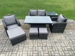 Fimous Rattan Furniture Garden Dining Set Outdoor Height Adjustable Rising lifting Table Love Sofa Chair With 3 Stools in Dark Grey - thumbnail 2