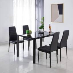 KOSY KOALA Black Glass Table & 4 Black Faux Leather Chairs Set Dining Furniture - thumbnail 3