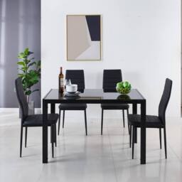 KOSY KOALA Black Glass Table & 4 Black Faux Leather Chairs Set Dining Furniture - thumbnail 2
