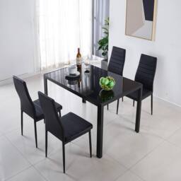 KOSY KOALA Black Glass Table & 4 Black Faux Leather Chairs Set Dining Furniture - thumbnail 1
