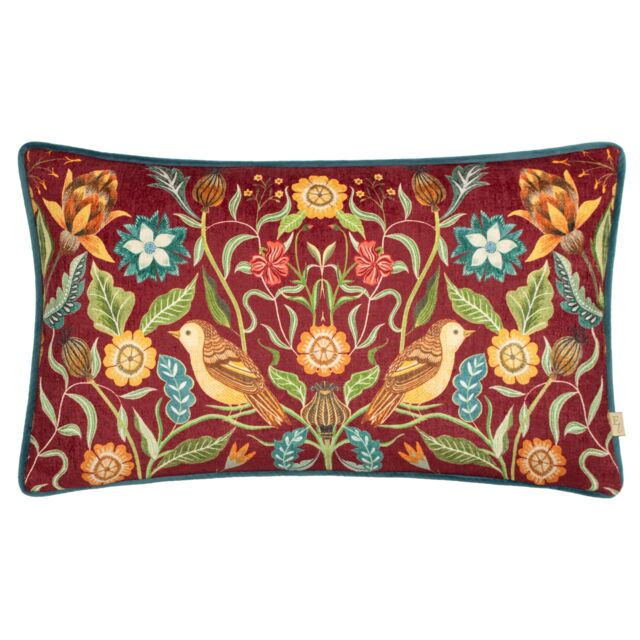 Evans Lichfield Hawthorn Birds Chenille Piped Cushion in Burgundy - Size: 30 cm x 50 cm - image 1