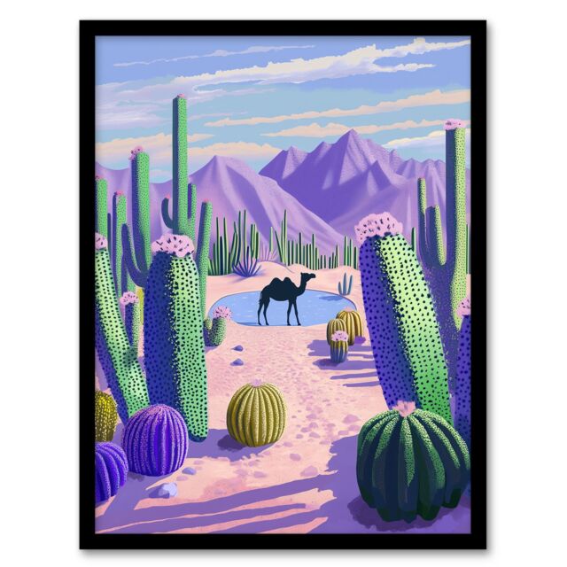 Artery8 Desert Oasis Cacti Camel Purple Green Landscape Framed Art Print - Size: A4 - image 1