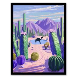 Artery8 Desert Oasis Cacti Camel Purple Green Landscape Framed Art Print - Size: A4 - thumbnail 1