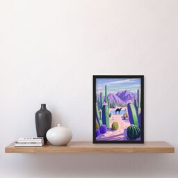 Artery8 Desert Oasis Cacti Camel Purple Green Landscape Framed Art Print - Size: A4 - thumbnail 4