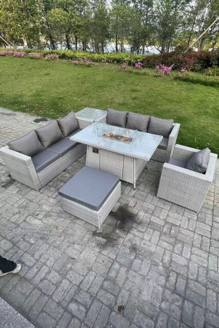 Fimous Rattan Fire Pit Garden Furniture Set Gas Heater Burner Lounge Sofa With Side Coffee Table in Light Grey - image 1