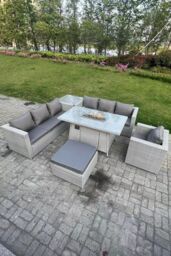 Fimous Rattan Fire Pit Garden Furniture Set Gas Heater Burner Lounge Sofa With Side Coffee Table in Light Grey - thumbnail 3