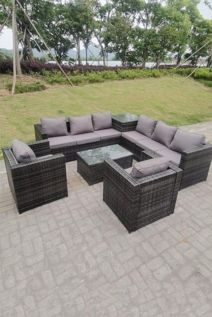 Fimous 8 Seater PE Wicker Outdoor Rattan Garden Furniture Sets Lounge Chair 2 Coffee Table in Dark Grey - image 1