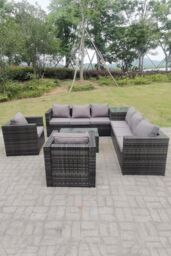 Fimous 8 Seater PE Wicker Outdoor Rattan Garden Furniture Sets Lounge Chair 2 Coffee Table in Dark Grey - thumbnail 2