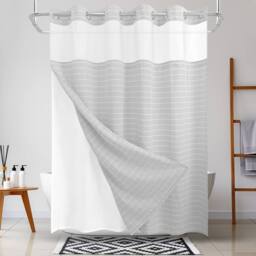 DRIFTED ROOT Grey No-Hook Jacquard Curtain with Snap Liner Magnets & Window