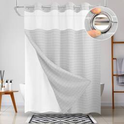 DRIFTED ROOT Grey No-Hook Jacquard Curtain with Snap Liner Magnets & Window - thumbnail 3
