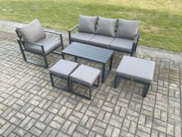 Fimous Aluminium Outdoor Garden Furniture Set Patio Lounge Sofa with Oblong Coffee Table 3 Footstools Armchair Dark Grey - thumbnail 1