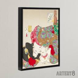 "Artery8 Yoshitoshi Woman With Pet Cat Vintage Japanese Framed Canvas Art - Size: W12"" x H16""" - thumbnail 2
