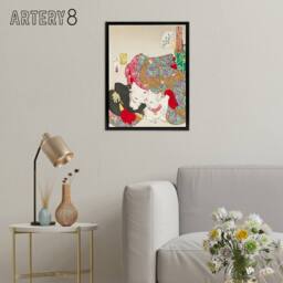 "Artery8 Yoshitoshi Woman With Pet Cat Vintage Japanese Framed Canvas Art - Size: W12"" x H16""" - thumbnail 3