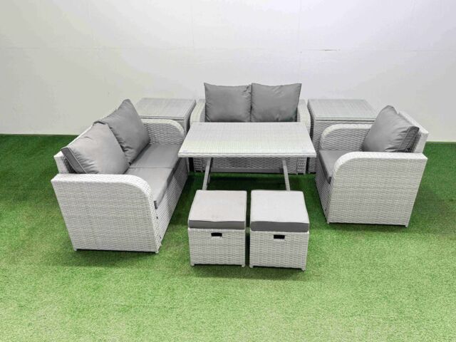 Fimous 7 Seater Rattan Garden Furniture Sets Love Sofa Reclining Chair Set in Light Grey - image 1