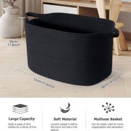 VOGREX Black Cotton Rope Collapsible Laundry Basket With Handles - thumbnail 2