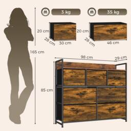 HOMCOM 7 Drawer Chest of Drawers with Top Shelf & Steel Frame Rustic Brown - thumbnail 3