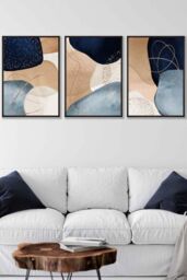ARTZE Abstract Blue, Beige, Gold Shapes Framed Wall Art - Large in Black - Size: W53 cm x H73 cm x D20mm - thumbnail 1