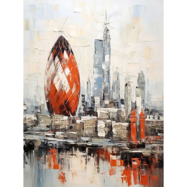 "Artery8 Wall Art Print London Skyline Abstract Oil Painting Thick Paint Red Gherkin Building River Thames England City Poster - Size: W24"" x H32""" - image 1