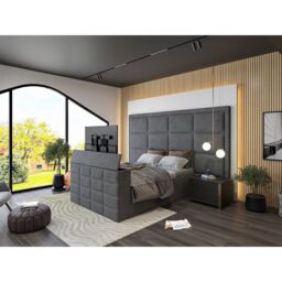 HOB Furniture Block Upholstered Tv Bed Frame, Luxury French Velvet, Grey in Dark Grey - Size: Super King