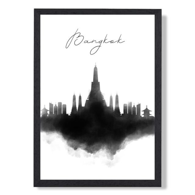 ARTZE Bangkok Watercolour Skyline City Framed Print SIZE: A2 with Black Frame - Size: A4 - image 1