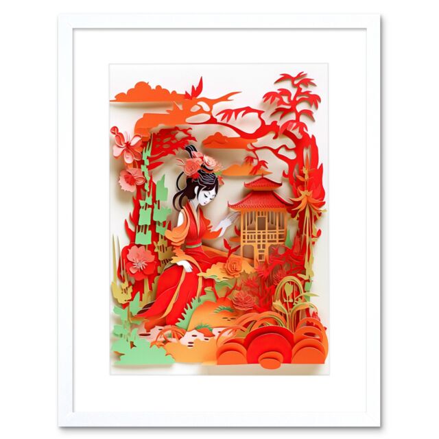 "Artery8 Wall Art Print Woman by Red Temple Garden Kirigami Collage Artwork Framed 9X7 Inch in White - Size: W7"" x H9""" - image 1