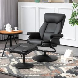 HOMCOM PU Leather Swivel Recliner Armchair with Ottoman, Black - thumbnail 1