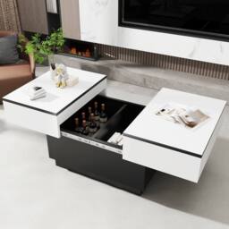 KORVIXA Sliding Top LED Coffee Table Wooden Hidden Storage in White - Size: 100 cm x 100 cm - thumbnail 4